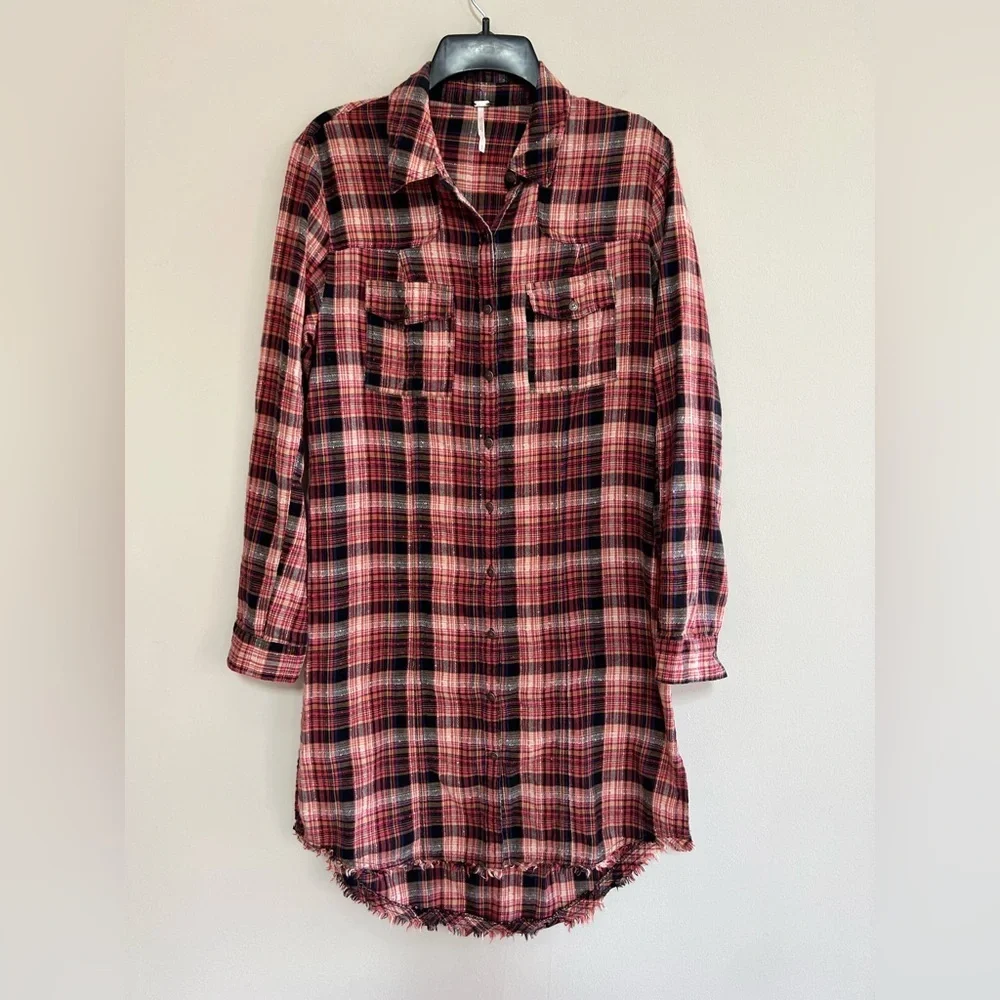 Free People Eight Days A Week Plaid Button Down Shirt Dress, Red/Navy Blue, sz S